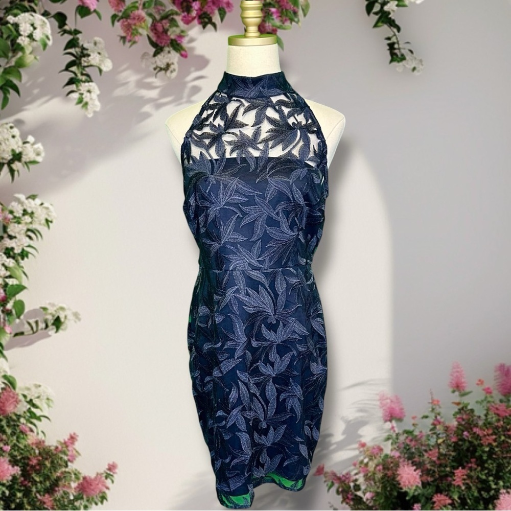 NWT Sam Edelman ‘Leafy Embroidery Halter Neck Mini Dress’ in Navy Blue Size 6
